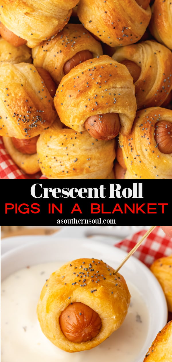 Crescent roll pigs in a blanket in a serving dish and small places served for as an appetizer with toothpicks.