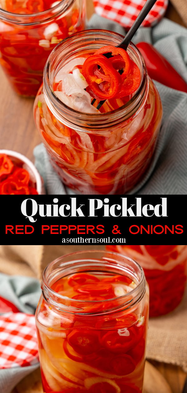 Quick Pickled Sweet Red Pepper And Onions are easy to make without in a salty brine the trouble of traditional canning and are great on burgers, hot dogs, sandwiches and tacos!