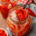 Quick Pickled Sweet Red Pepper And Onions are easy to make without the trouble of traditional canning and are great on burgers, hot dogs, sandwiches and tacos!