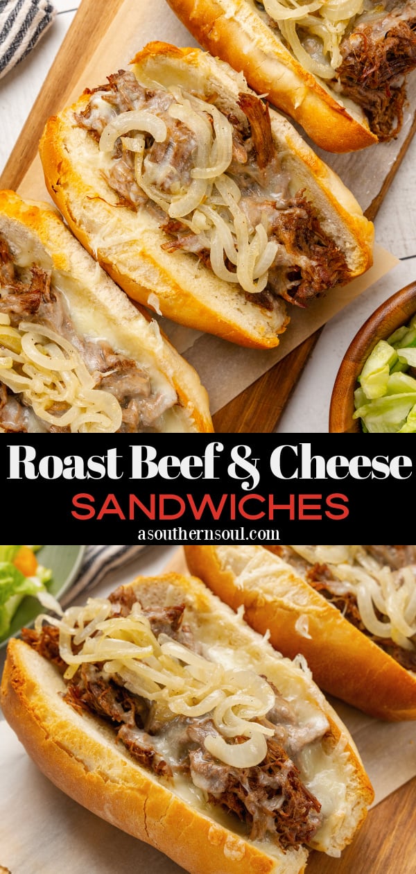 Roast beef sandwiches with melted cheese and sauteed onions in toasted buns are served with a side salad for a delicious weeknight meal, game day, or a get-together with friends.