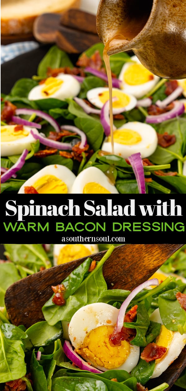 Fresh spinach, sliced red onion, crispy cooked bacon and boiled egg tossed in a warm bacon dressing tossed with wooden thongs.