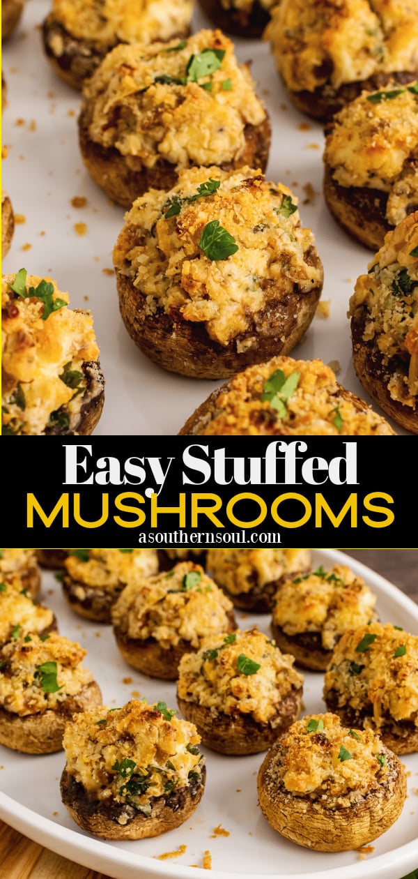 Baked mushrooms stuffed with breadcrumbs, cream cheese, parmesan cheese, garlic and herbs are the perfect finger food for any party.