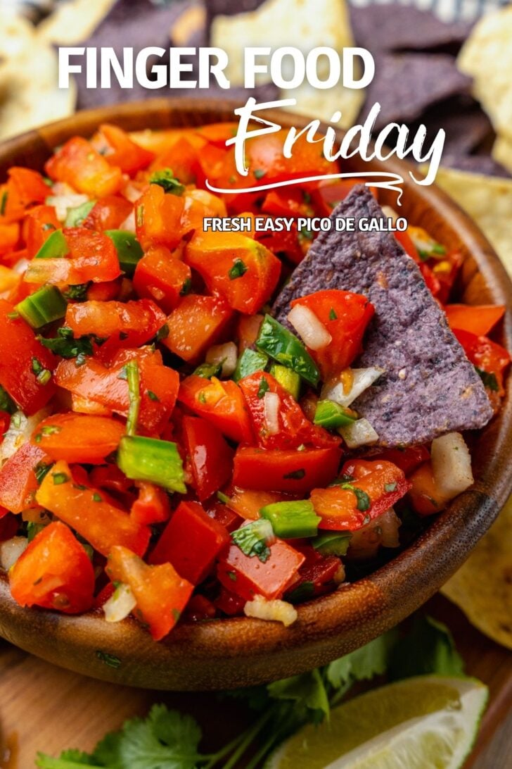 Homemade fresh pico de gallo with tomatoes, onions, jalapeno, cilantro and lime served with chips is a great appetizer and also makes a terrific topping for chicken, beef or fish!