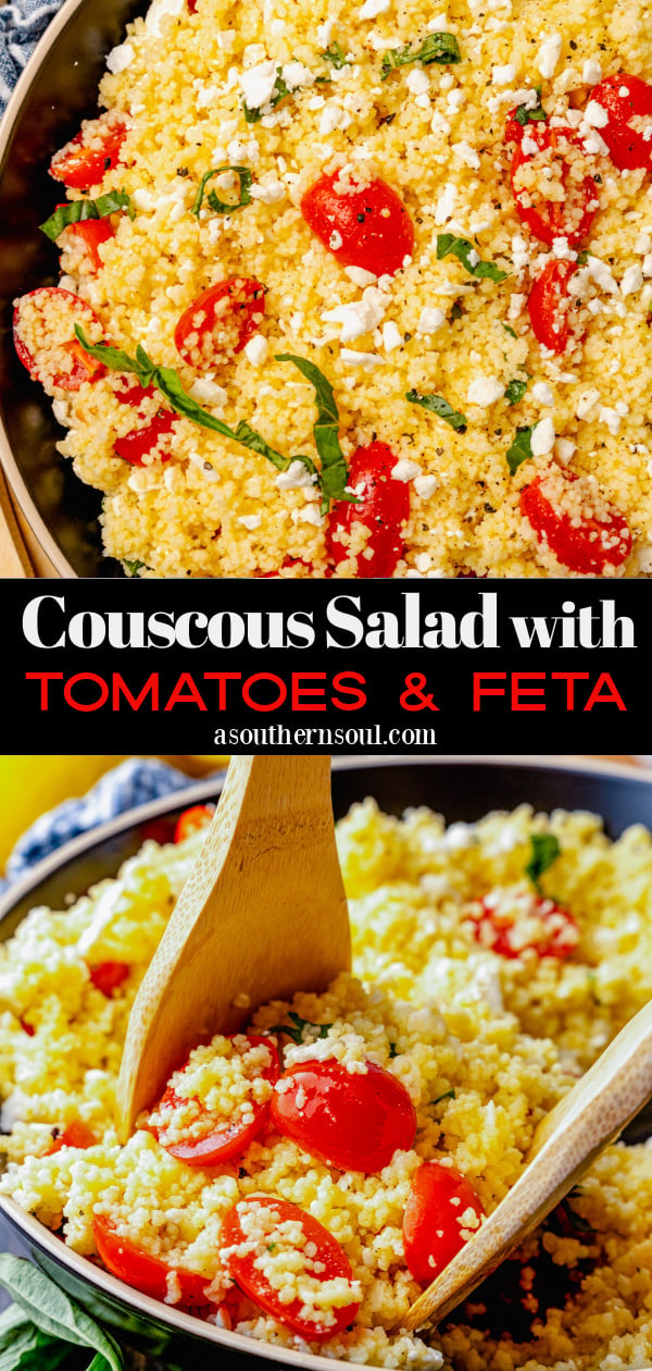 Big bowl of couscous salad with feta, tomatoes and fresh basil served as a side dish for lunch, dinner or at a picnic, cookout or family gathering.