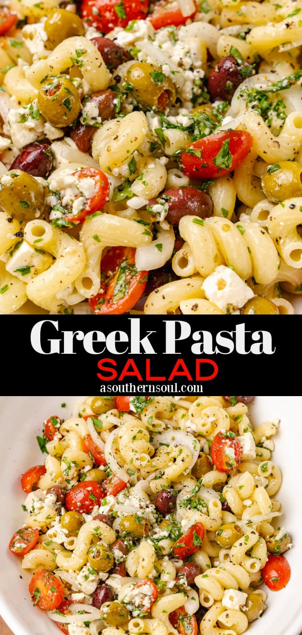 Pinterest pin for Greek Pasta Salad (Quick And Easy)