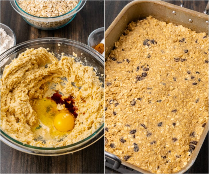 Batter for oatmeal cookie bars being stirred with an egg in a clear glass bowl. And, Pan of unbaked oatmeal chocolate chip cookie bars ready to pop into the oven to bake.