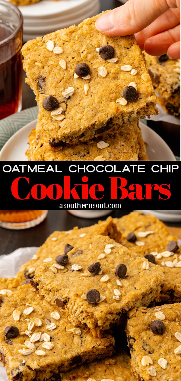 Pinterest pin for Oatmeal Chocolate Chip Cookie Bars