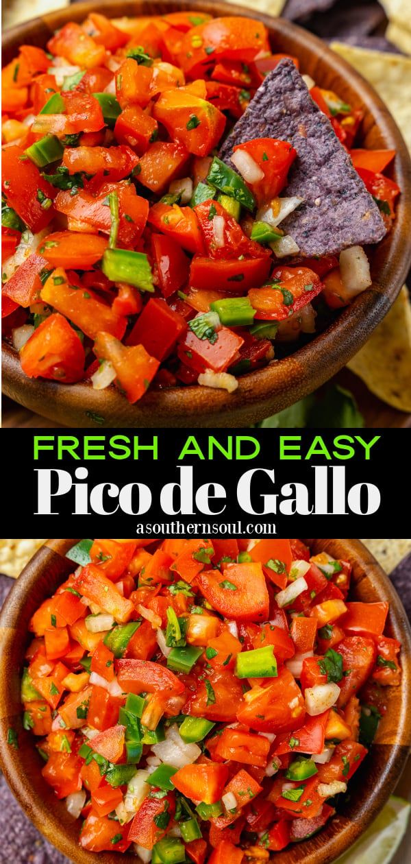 Homemade fresh pico de gallo with tomatoes, onions, jalapeno, cilantro and lime served with chips is a great appetizer and also makes a terrific topping for chicken, beef or fish!