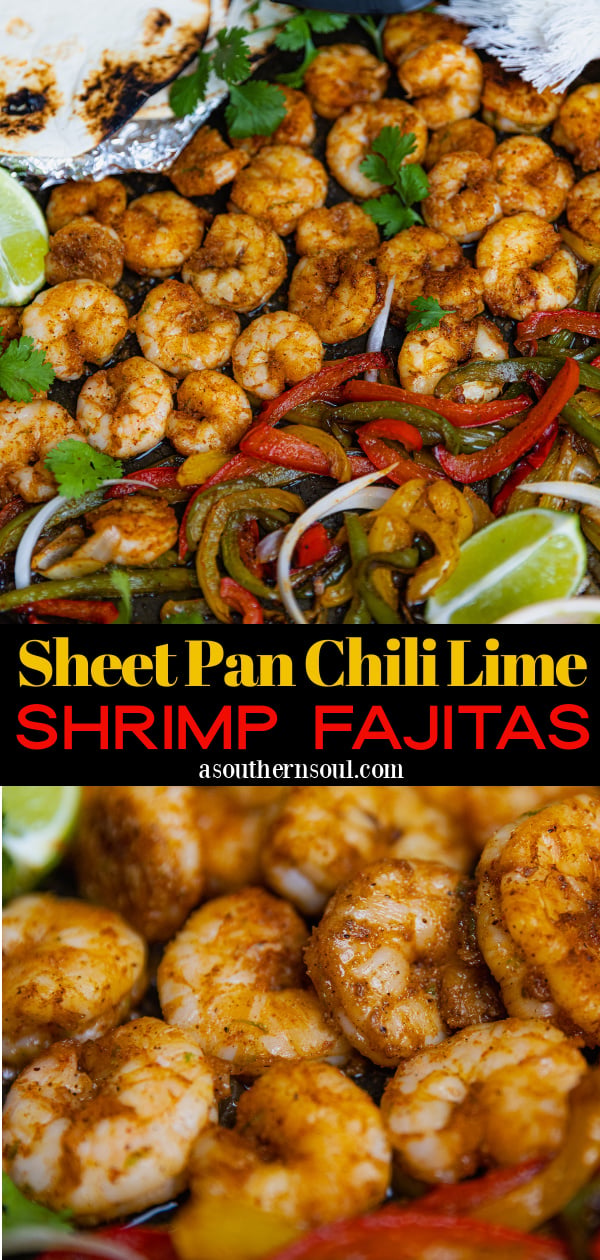 Pinterest pin for Sheet Pan Chili Lime Shrimp Fajitas