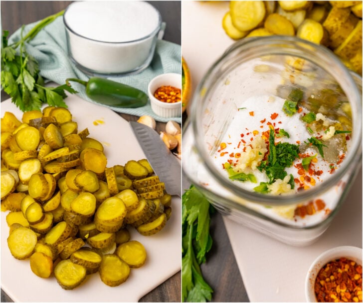 Dill pickles, jalapenos, red pepper flakes, sugar, parsley and garlic are the ingredients for sweet heat pickles made in a large glass jar.