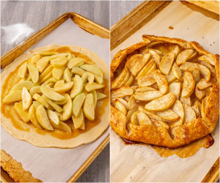 Golden and beautifully baked Apple Crostata served with homemade whipped cream, being cooled on parchment paper.