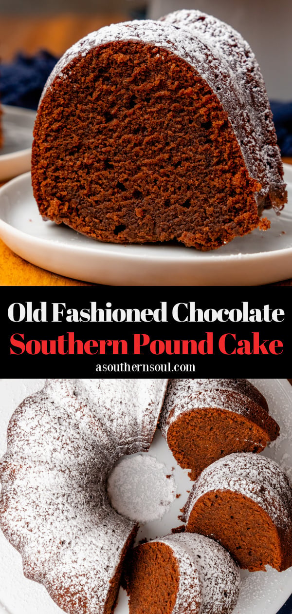 Southern chocolate pound cake dusted with powdered cake with 3 slices on a white cake is amazingly delicious.
