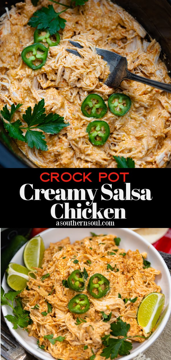 White bowl of shredded cream cheese salsa chicken cooked in the crock pot topped with jalapenos, fresh parsley and lime wedges.