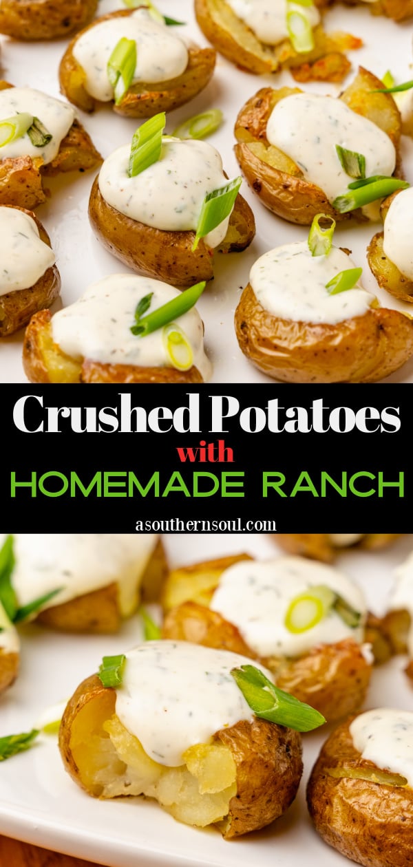 Pinterest pin for Crushed Potatoes with Ranch Dressing