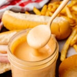 Small spoon with homemade fry sauce to serve with french fries or on sandwiches.