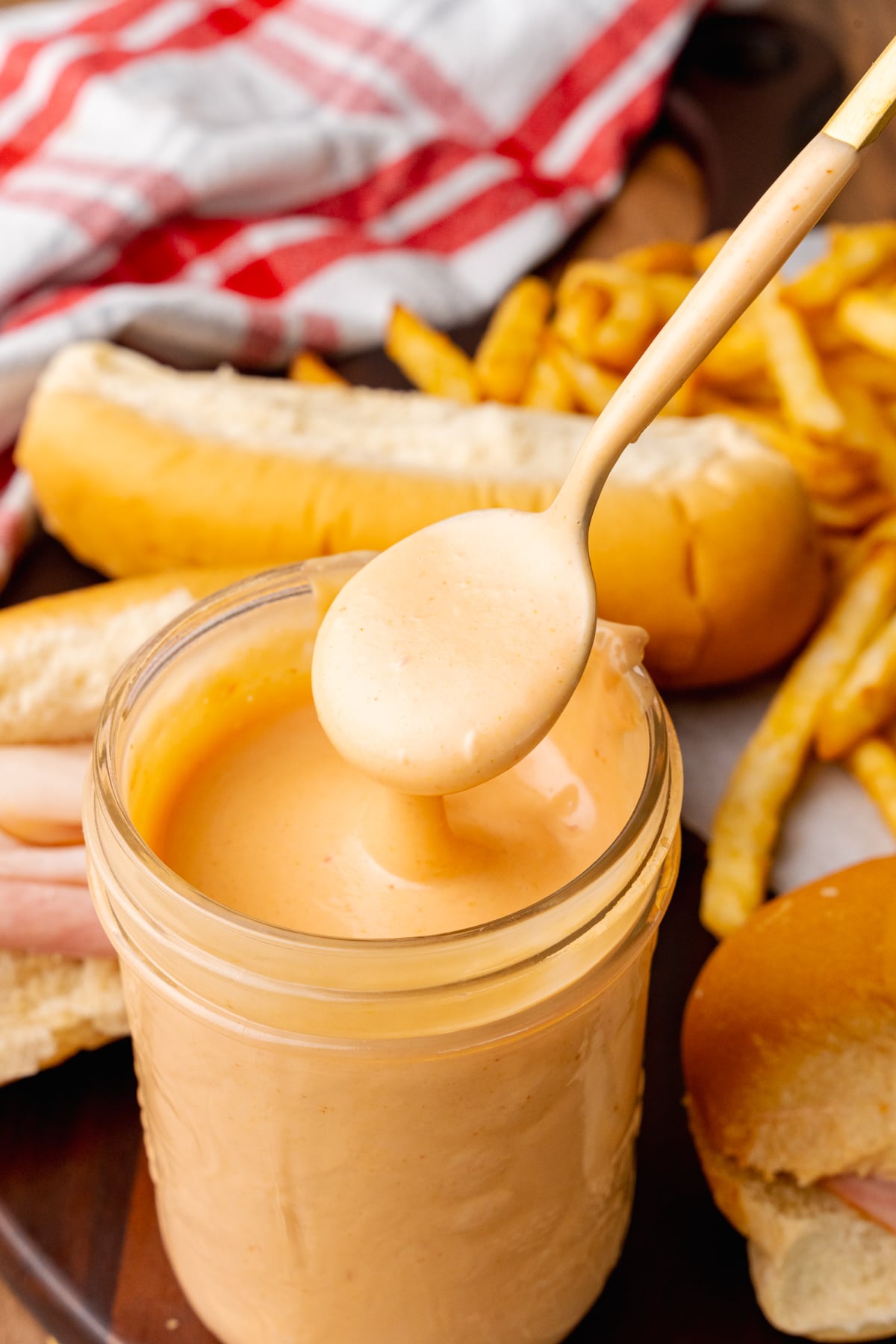 Small spoon with homemade fry sauce to serve with french fries or on sandwiches.