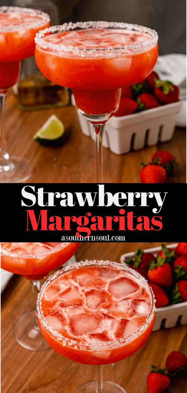 Sugar, salt rimmed glass rimmed glass with a fresh strawberry margarita with ice made with fresh fruit and limes.