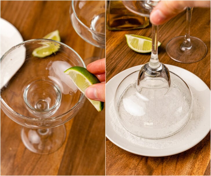 Two glasses prepped with line and the other with salt for fresh strawberry margaritas.