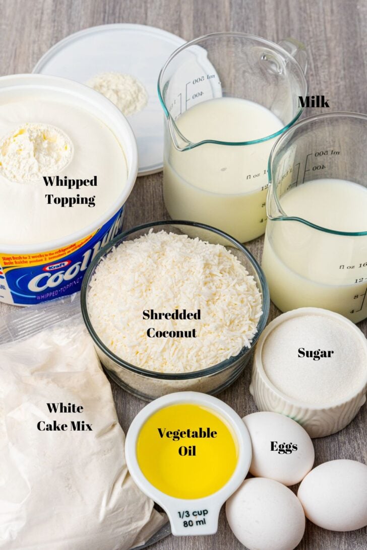 Ingredients for Easy Coconut Cake (Box Cake Mix Recipe)