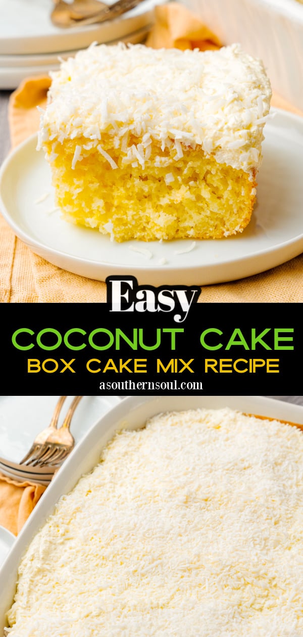 Slice of coconut cake being served with a silver fork on a white plate, for dessert is made with a cake box and easy to make.