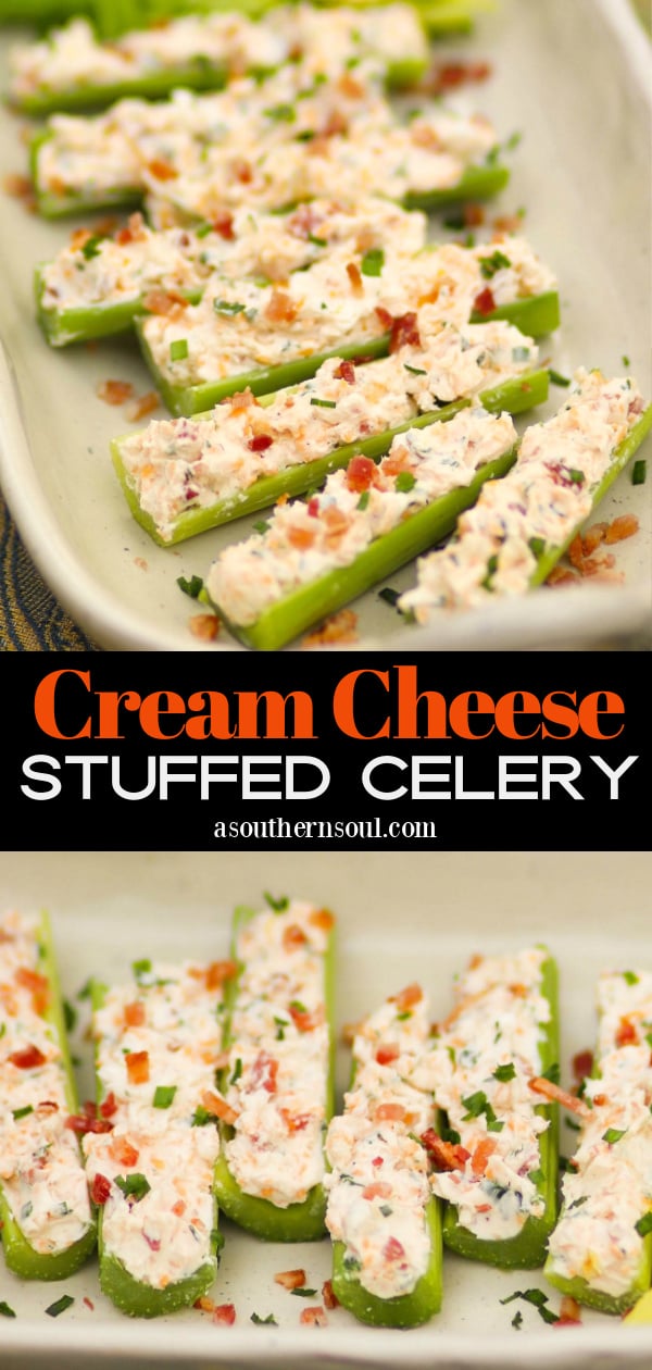 Cream cheese, cheddar cheese, bacon and her stuffed celery sticks.