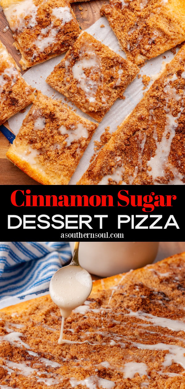 Squares of cinnamon brown sugar pizza topped with vanilla icing on a parchment paper on a wooden board.