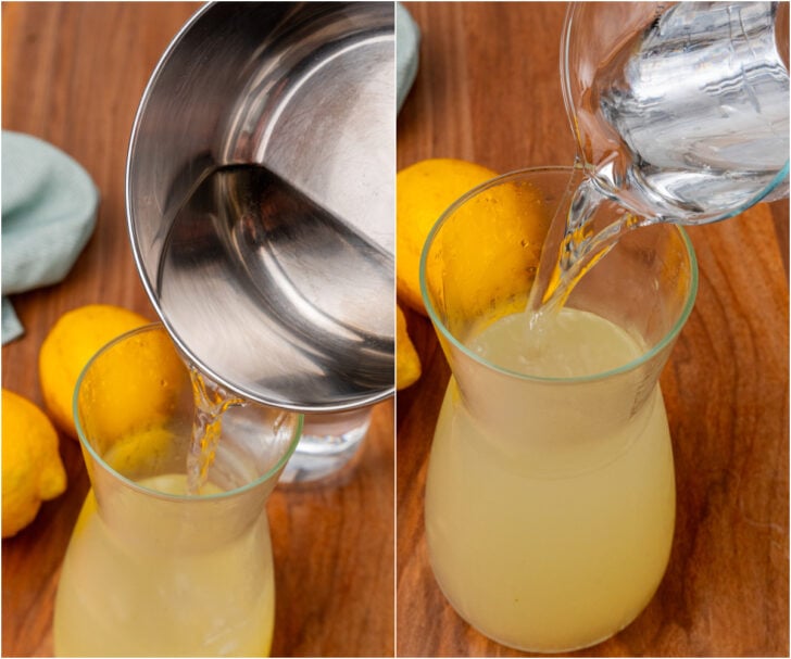 Simple syrup being poured into a glass of fresh lemon juice.