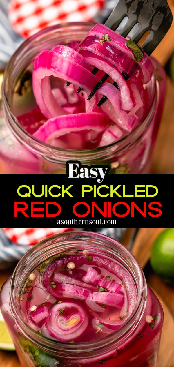 Pickled red onions on a fork pulled out of a far that have fresh parsley and jalapeno peppers in the jar.