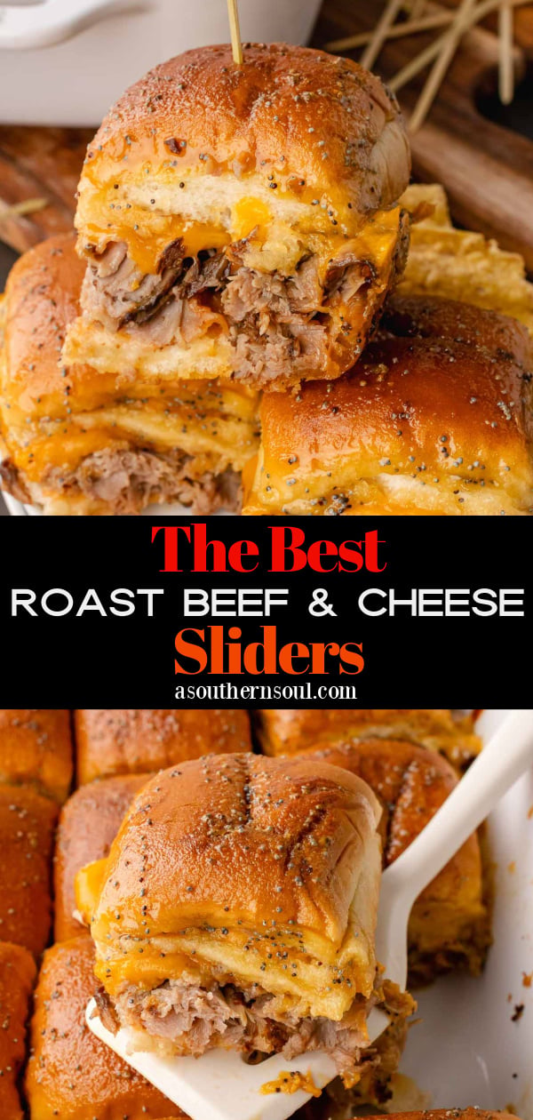 Roast Beef and Cheese Sliders stacked on a white plate on a wooden cutting board.