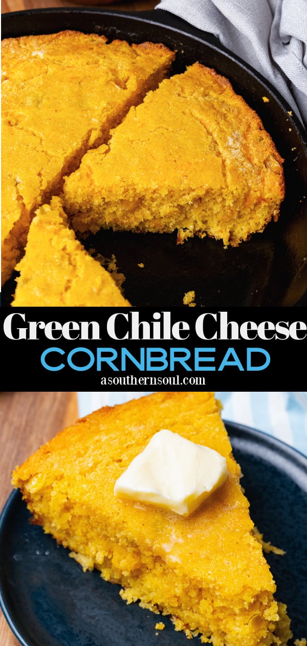 http://asouthern-soul.blogspot.com Green chile cheese cornbread in a black cast iron skillet sliced into pieces served with a green salad.