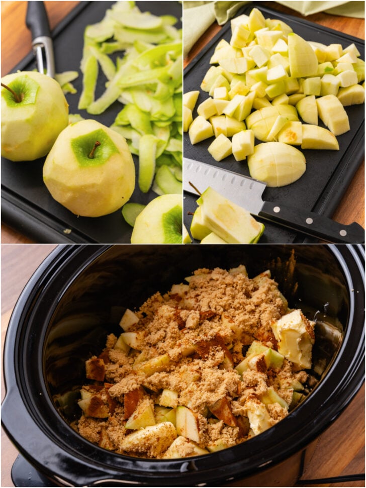 Peeled apples, chopped apples and apples with brown sugar in a crock pot.