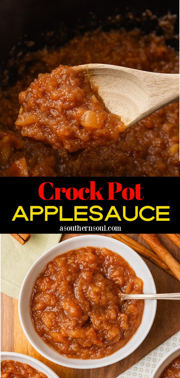 Homemade Crock Pot Applesauce in a white bowl served with a silver spoon on a board with a black crock pot.