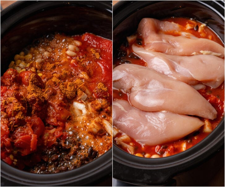 Two photos of Taco soup with beans and boneless, skinless chicken breasts.