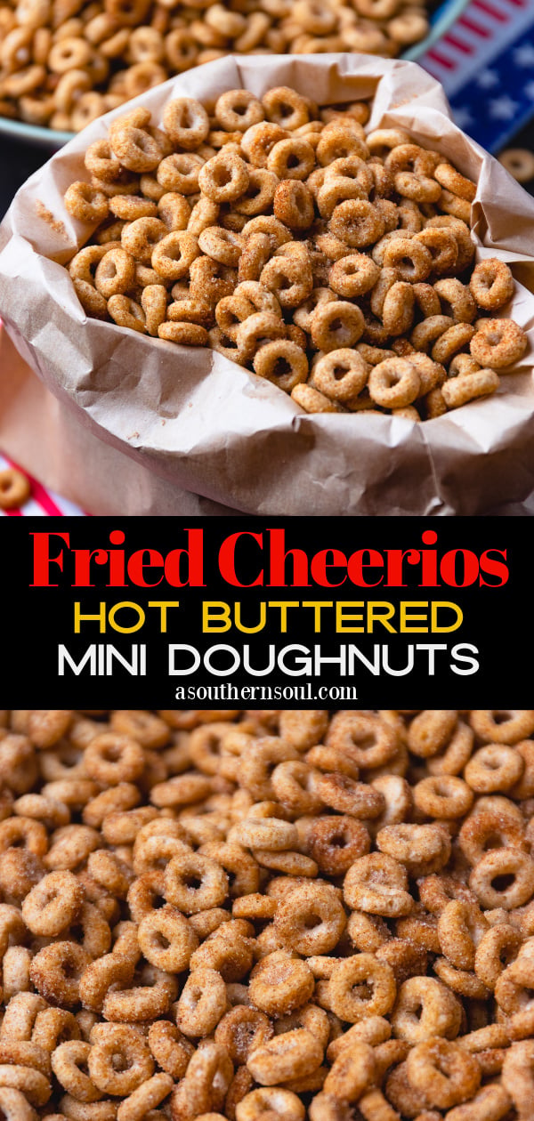 Pinterest pin for Fried Cheerios (Mini Hot Buttered Doughnuts)