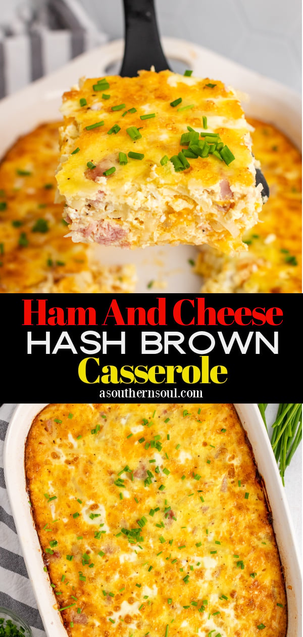 White baking dish with ham and cheese hashbrown breakfast casserole with fresh chivles.