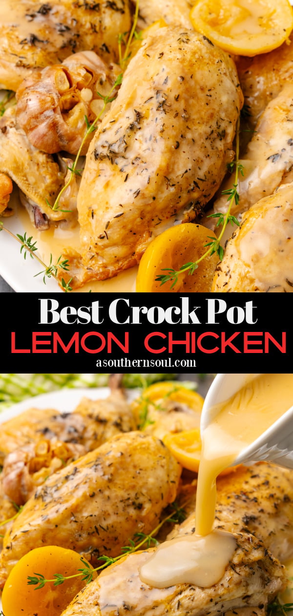 Lemon chicken cooked in the crock pot on a white platter with garlic and a fresh thyme sprigs.
