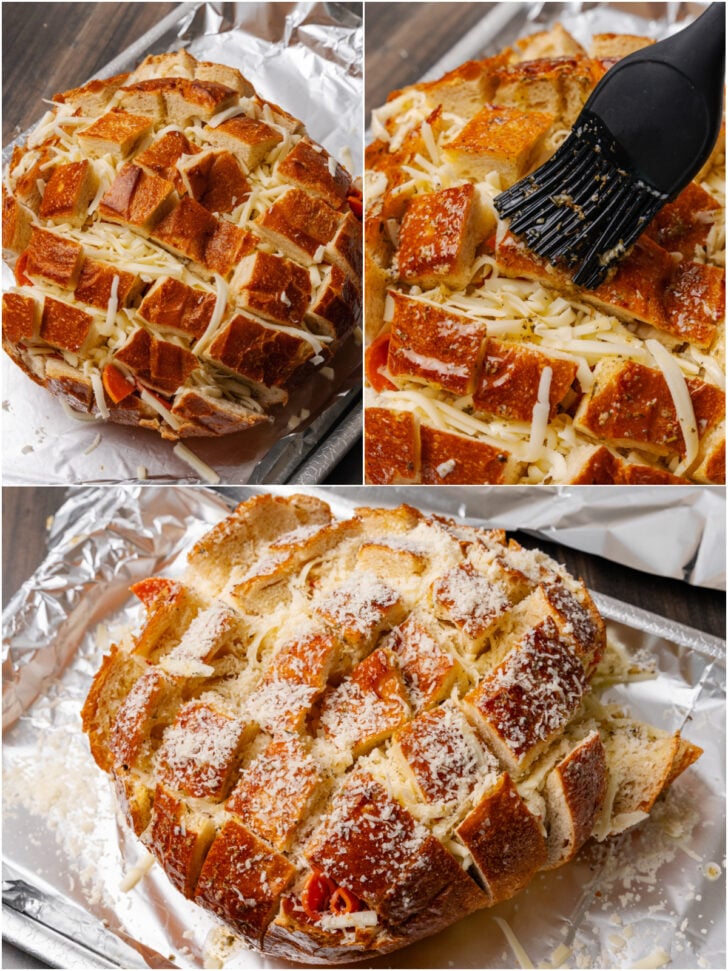 Three photos of round bread with cuts, stuffed with pepperoni and mozzarella cheese on a foil lined baking sheet.
