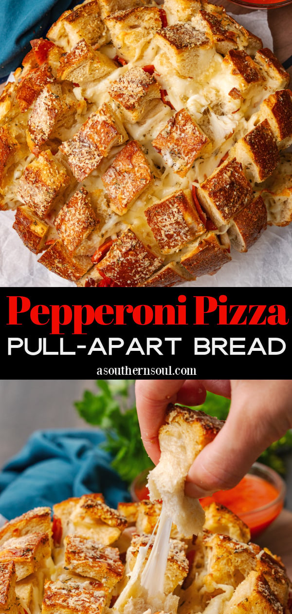Round load of pepperoni pizza cheese bread with cut squares on parchment paper and a glass bowl of marinara sauce.