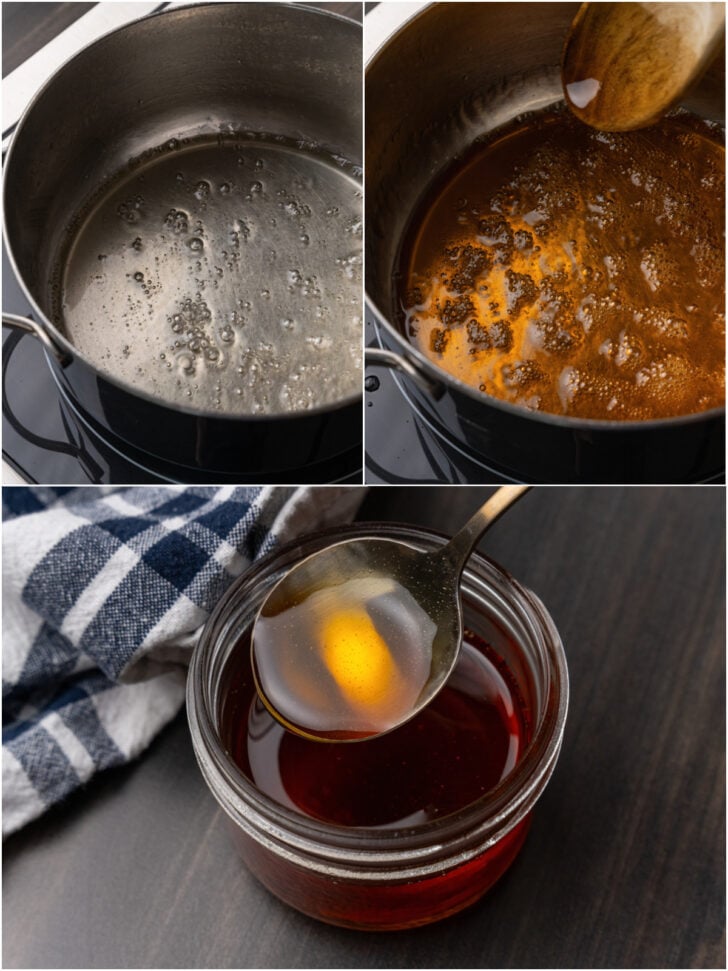Pot of water, pot of sugar and water, jar of caramel spooned out.