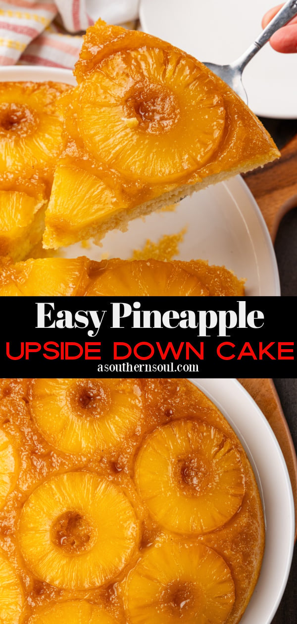 Slice of pineapple upside down cake served with a silver server from a white plate.
