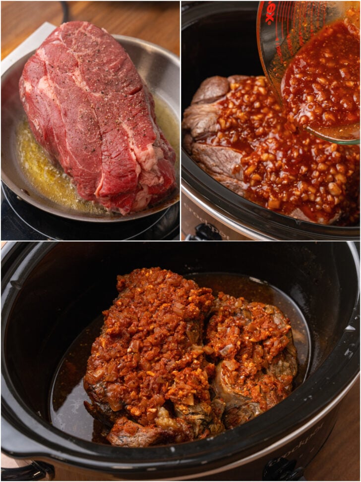 Beef chuck roast seared in a pan, homemade bbq sauce poured over roast in a crock pot, roast cooked in a crock pot.