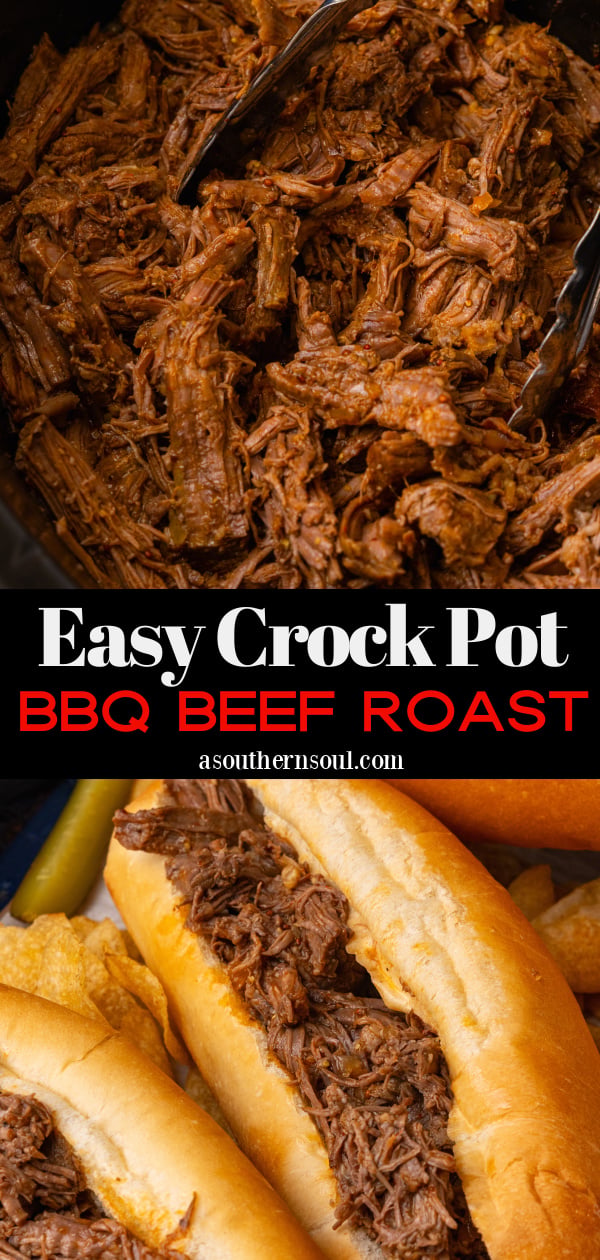BBQ beef cooked in the crock pot served on small french rolls with slaw and pickle spears resting on parchment paper.