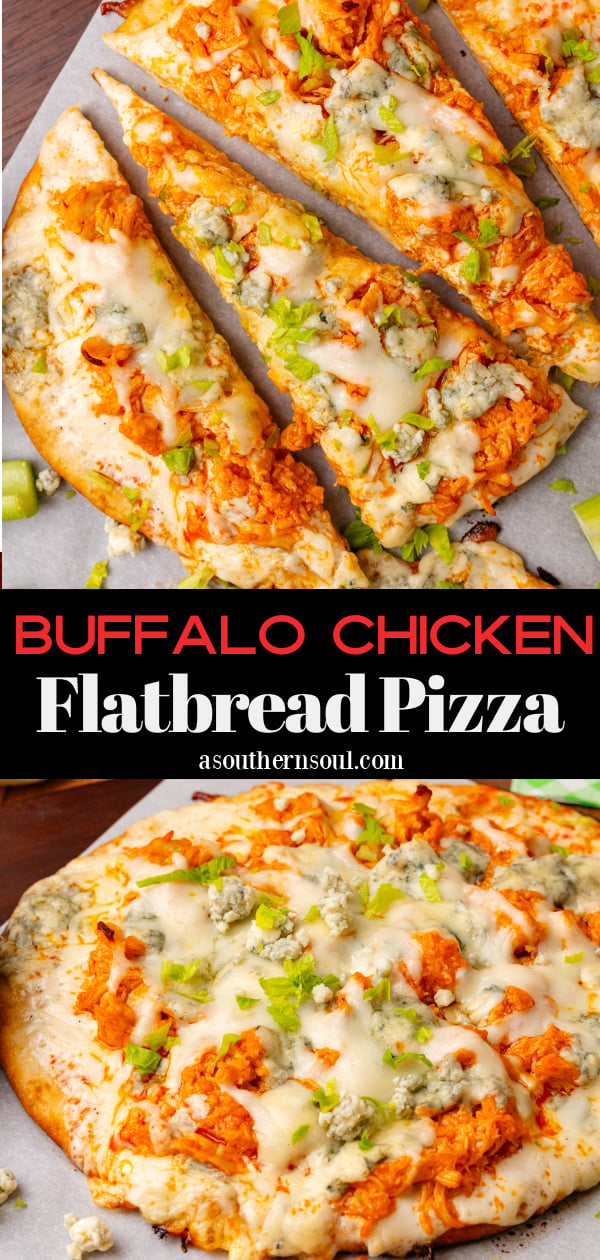 Pinterest pin for Buffalo Chicken Flatbread Pizza