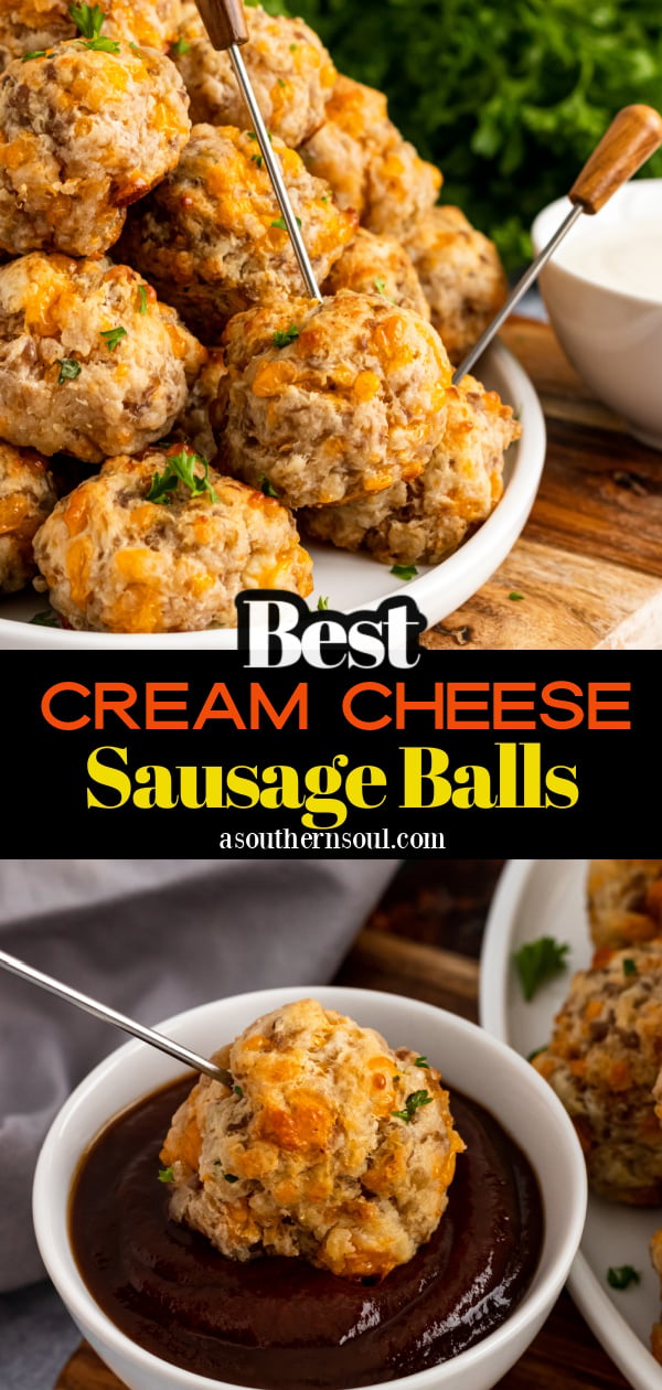 Cream cheese sausage balls on a white plate with serving skewers on a wooden board.