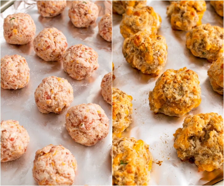 Uncooked sausage balls on a foil line baking sheet and cooked sausage balls on a foil lined baking sheet.