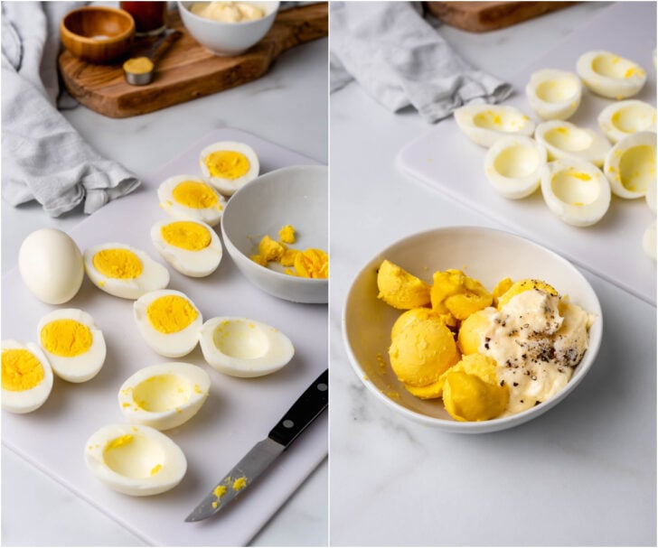 Boiled eggs cut in half sitting on a cutting board and a second photo with egg yolks, mayonnaise, salt and pepper in a white bowl.