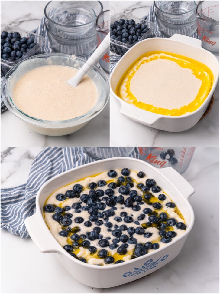 Bowl of cobbler batter, casserole dish with butter and batter, casserole dish with batter, butter and blueberries for cobbler.