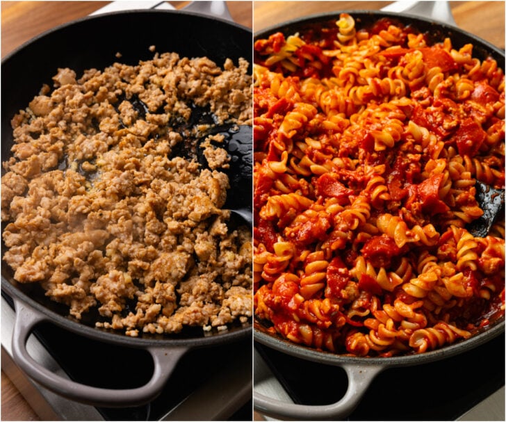 Skillet with cooked ground beef and skillet with beef, pepperoni, pasta and tomato sauce.
