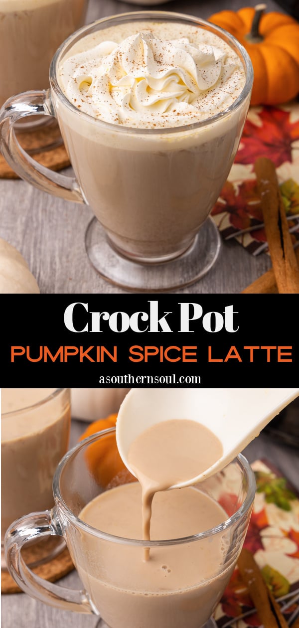 Creamy pumpkin spice latte topped with whipped cream in glass mugs on a wood table with cinnamon sticks.