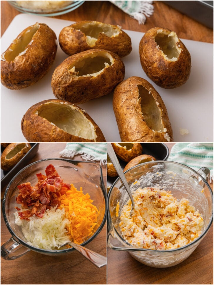 Hallowed out baked potatoes, potatoe, cheese and bacon in a bowl, and a glass bowl with potato ingredients mixed for potato stuffing.